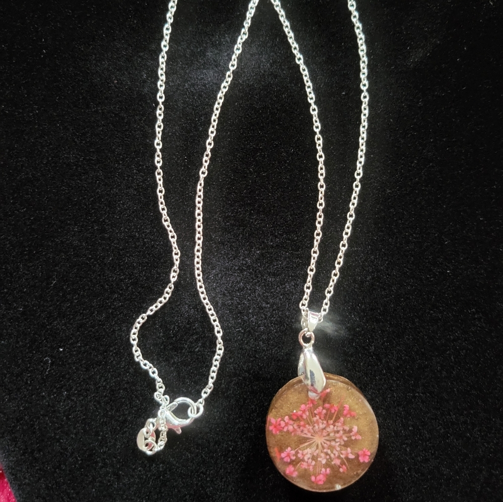 Dried Flower Pendant W/ Chain. Red Flowers Epoxy Resin Handcrafted
